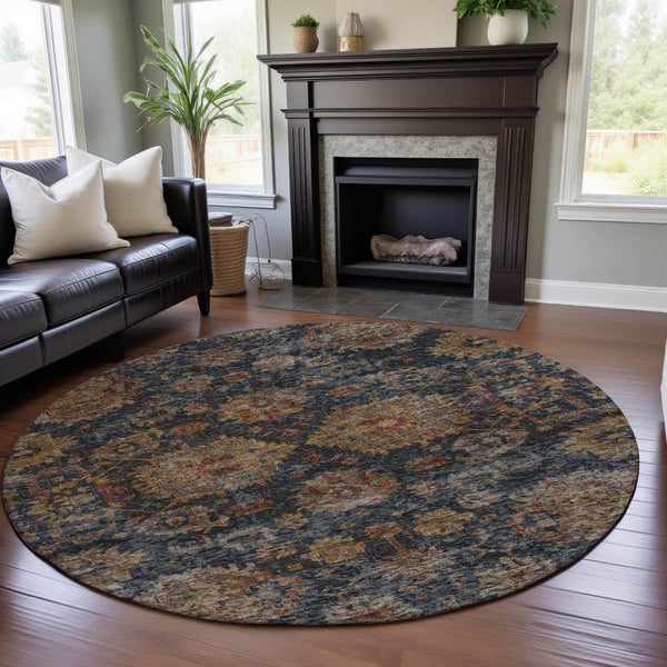 HomeRoots 8' Navy Blue and Copper Damask Washable Round Rug - Durable, UV-Protected Elegance for Any Room 684157