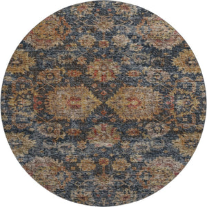 HomeRoots 8' Navy Blue and Copper Damask Washable Round Rug - Durable, UV-Protected Elegance for Any Room 684157