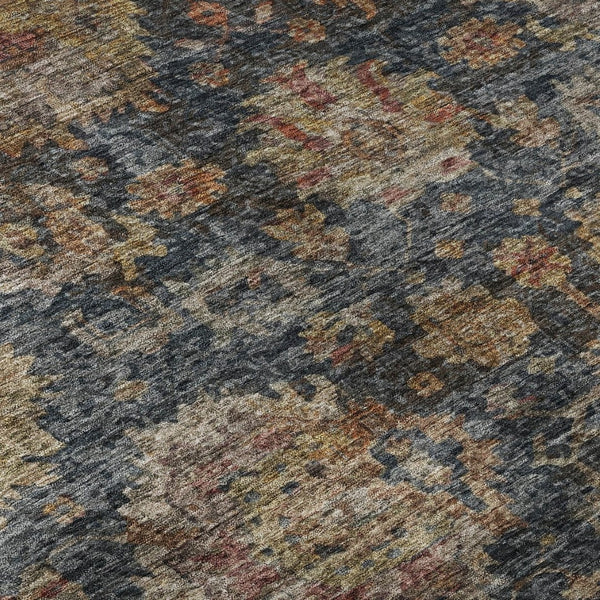 HomeRoots 8' Navy Blue and Copper Damask Washable Round Rug - Durable, UV-Protected Elegance for Any Room 684157