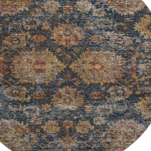 HomeRoots 8' Navy Blue and Copper Damask Washable Round Rug - Durable, UV-Protected Elegance for Any Room 684157