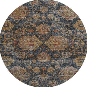 HomeRoots 8' Navy Blue and Copper Damask Washable Round Rug - Durable, UV-Protected Elegance for Any Room 684157