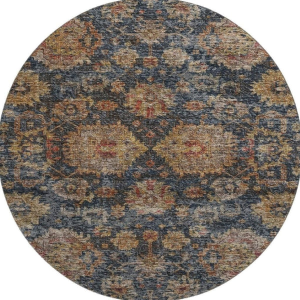 HomeRoots 8' Navy Blue and Copper Damask Washable Round Rug - Durable, UV-Protected Elegance for Any Room 684157