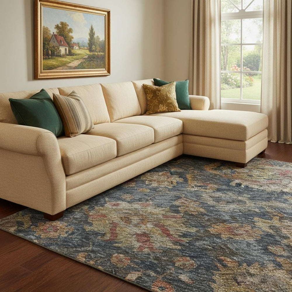 HomeRoots 8' X 10' Navy Blue and Copper Damask Area Rug - Washable, UV Protection, Perfect for High-Traffic Homes 684158