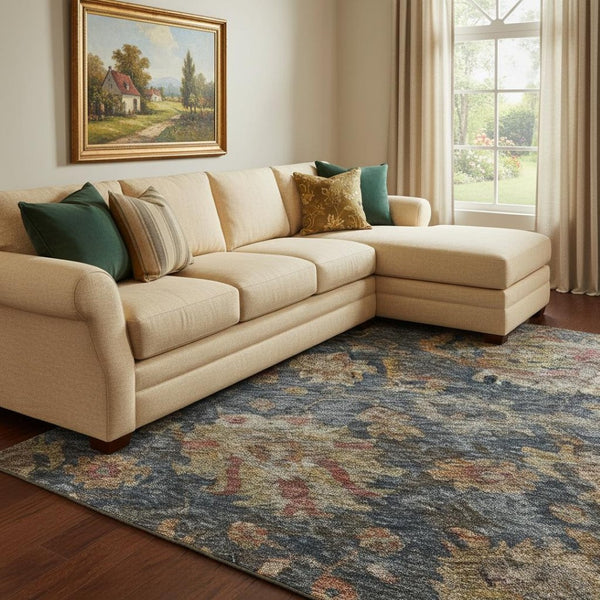 HomeRoots 8' X 10' Navy Blue and Copper Damask Area Rug - Washable, UV Protection, Perfect for High-Traffic Homes 684158