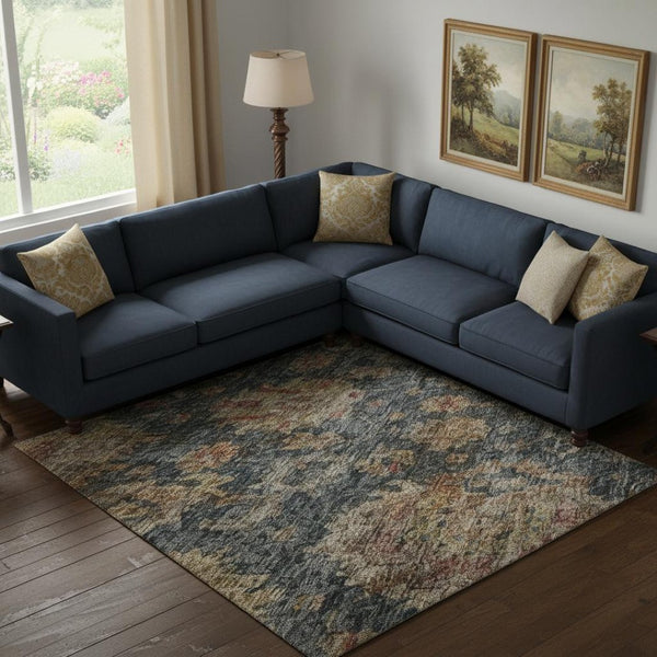 HomeRoots 9' X 12' Navy Blue & Copper Damask Area Rug - Washable, UV-Protected, Durable for High-Traffic Spaces 684159