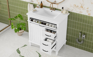 English Elm 30 Inch Freestanding Bathroom Vanity Solid Pine Cabinet Ceramic Sink Top Storage White N725P412782K
