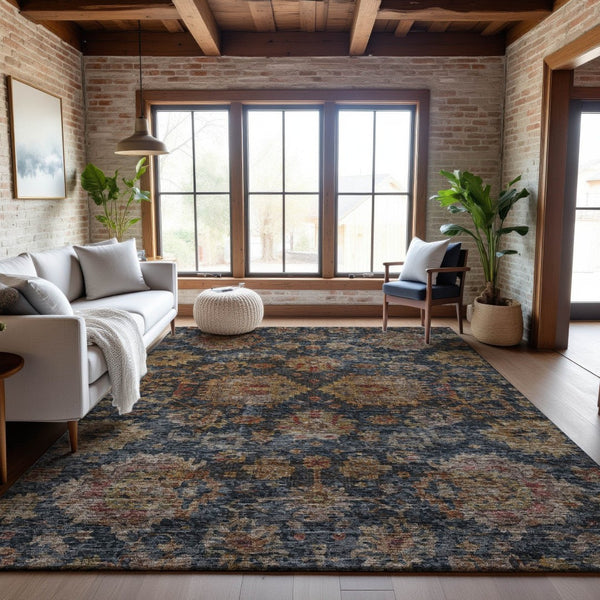 HomeRoots 10' Navy Blue & Copper Damask Washable Area Rug - Stain-Resistant, UV Protected for Modern Homes 684160