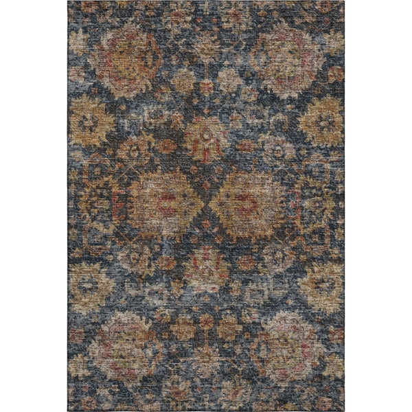 HomeRoots 10' Navy Blue & Copper Damask Washable Area Rug - Stain-Resistant, UV Protected for Modern Homes 684160
