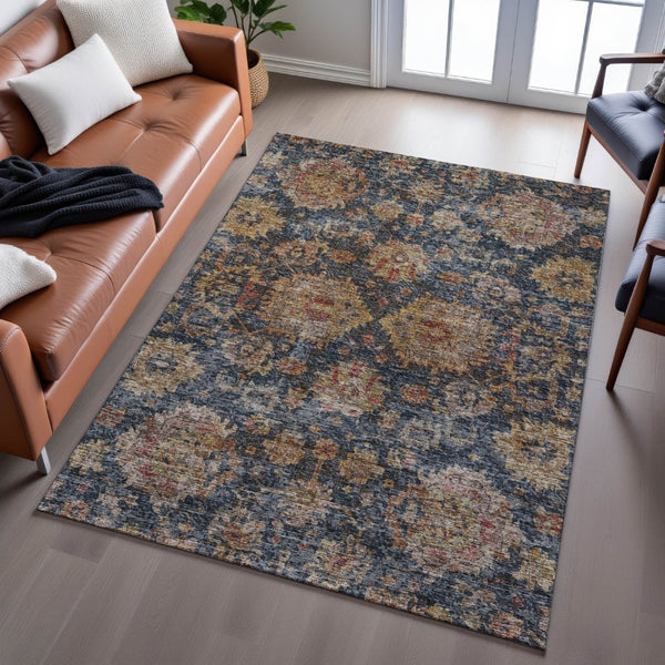 HomeRoots 10' Navy Blue & Copper Damask Washable Area Rug - Stain-Resistant, UV Protected for Modern Homes 684160