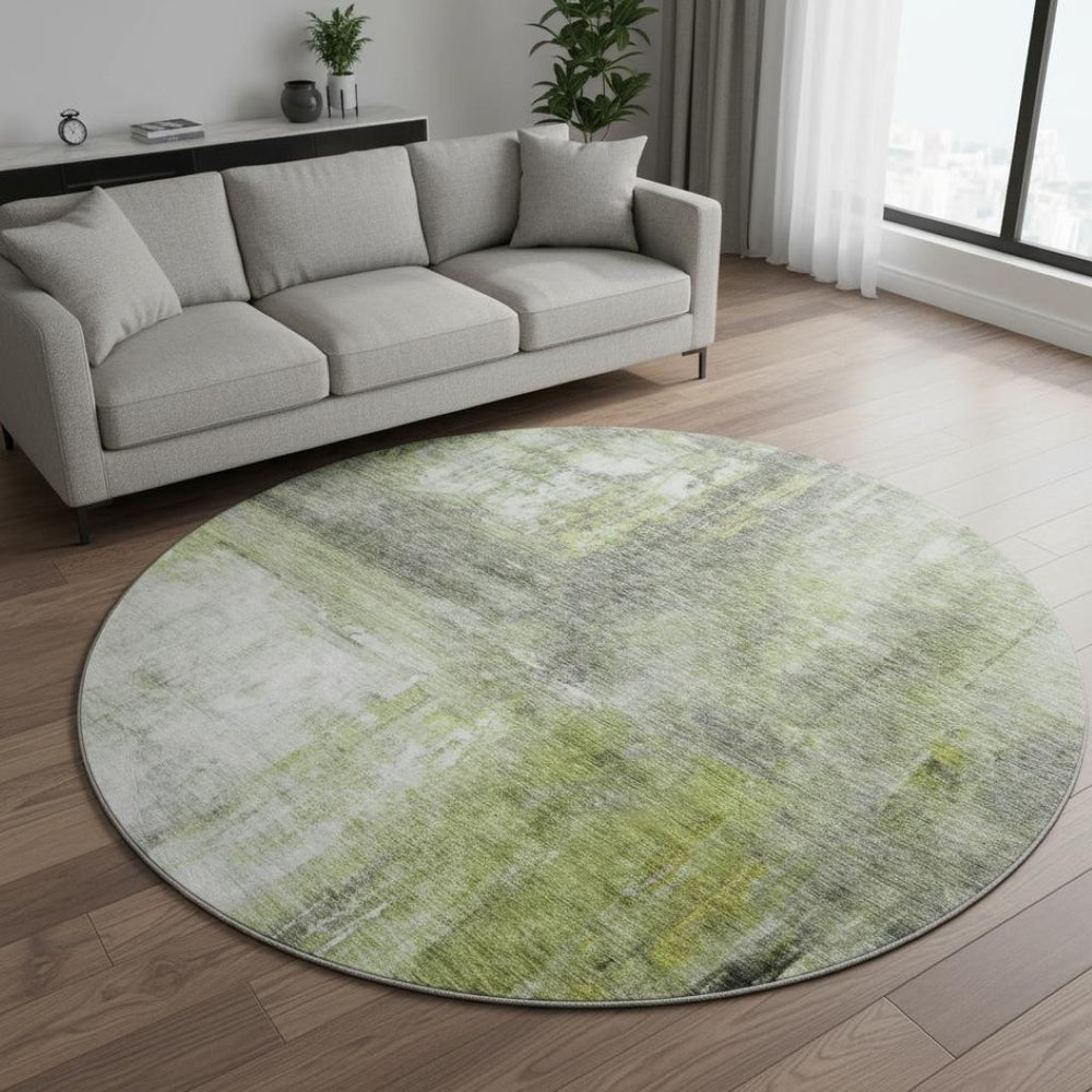 HomeRoots 8' Artichoke Green Gray Silver Abstract Washable Round Rug - Durable, UV-Resistant, Stylish Design 684163