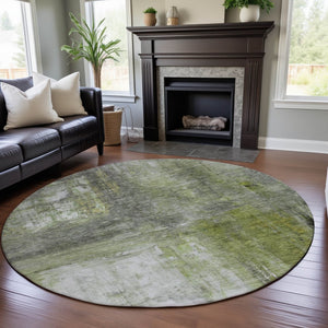 HomeRoots 8' Artichoke Green Gray Silver Abstract Washable Round Rug - Durable, UV-Resistant, Stylish Design 684163