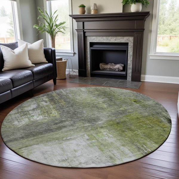 HomeRoots 8' Artichoke Green Gray Silver Abstract Washable Round Rug - Durable, UV-Resistant, Stylish Design 684163