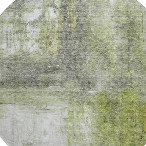 HomeRoots 8' Artichoke Green Gray Silver Abstract Washable Round Rug - Durable, UV-Resistant, Stylish Design 684163
