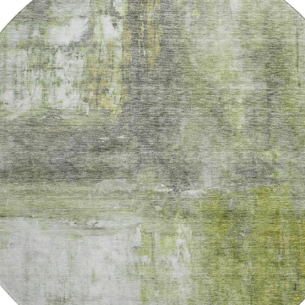 HomeRoots 8' Artichoke Green Gray Silver Abstract Washable Round Rug - Durable, UV-Resistant, Stylish Design 684163