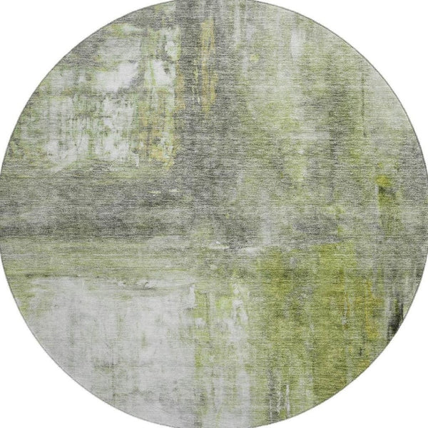 HomeRoots 8' Artichoke Green Gray Silver Abstract Washable Round Rug - Durable, UV-Resistant, Stylish Design 684163