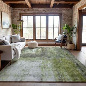 HomeRoots 10' X 14' Artichoke Green Abstract Area Rug - Durable, Washable, UV Protected, Perfect for Families! 684166