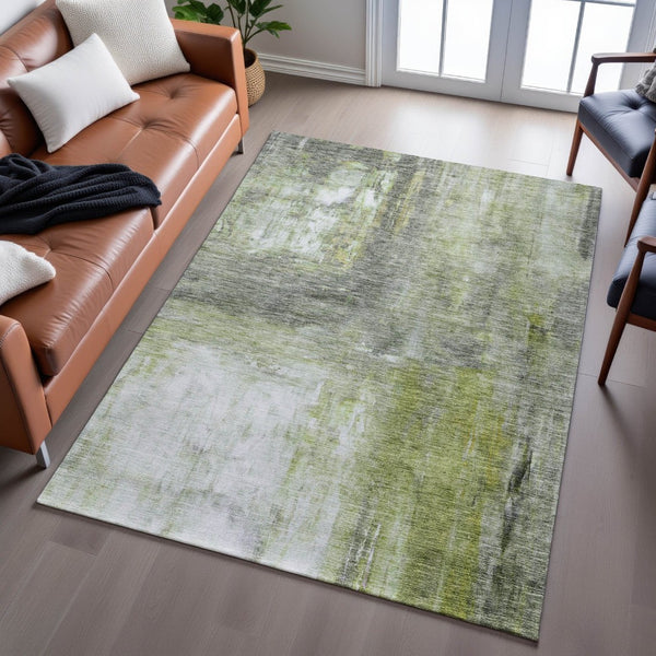 HomeRoots 10' X 14' Artichoke Green Abstract Area Rug - Durable, Washable, UV Protected, Perfect for Families! 684166