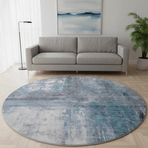 HomeRoots 8' Blue Ivory and Gray Abstract Washable Round Rug - UV Protection, Soft, Durable, and Stylish! 684169