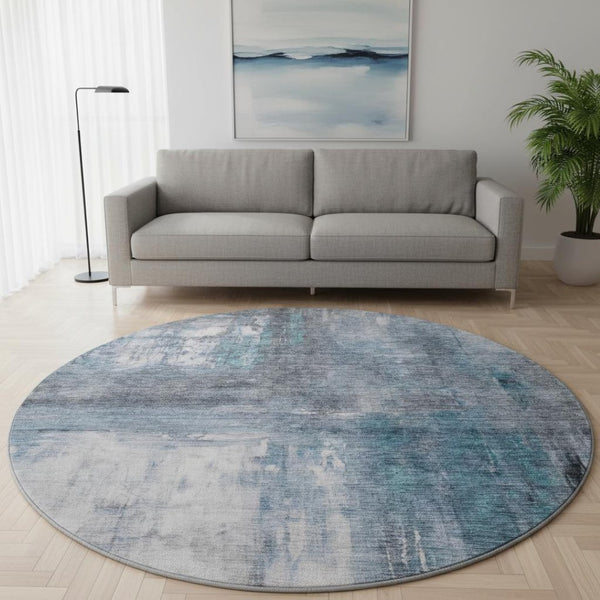 HomeRoots 8' Blue Ivory and Gray Abstract Washable Round Rug - UV Protection, Soft, Durable, and Stylish! 684169