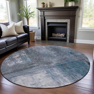 HomeRoots 8' Blue Ivory and Gray Abstract Washable Round Rug - UV Protection, Soft, Durable, and Stylish! 684169