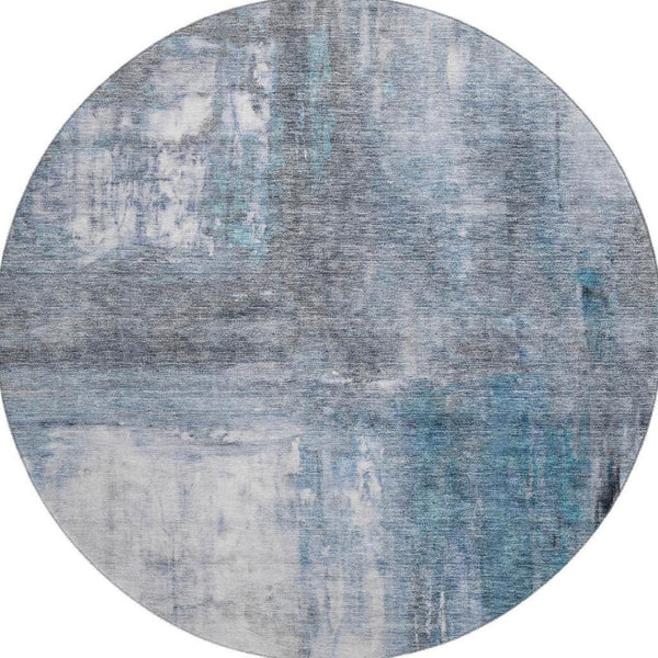 HomeRoots 8' Blue Ivory and Gray Abstract Washable Round Rug - UV Protection, Soft, Durable, and Stylish! 684169