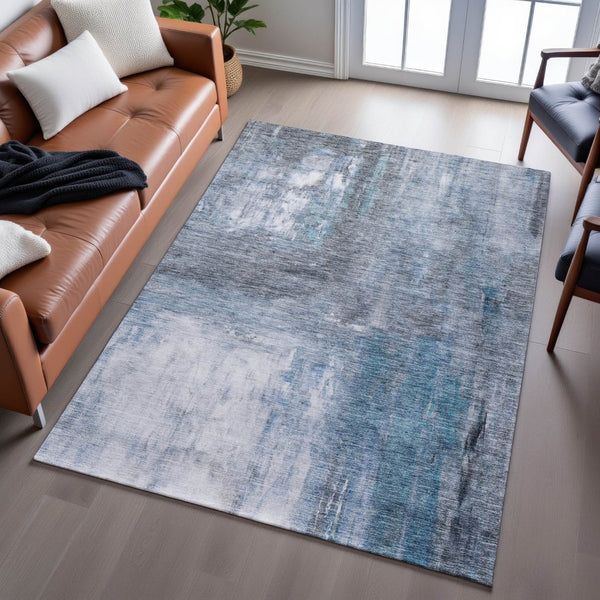 HomeRoots 8' X 10' Contemporary Blue, Ivory & Gray Abstract Washable Area Rug with Stain Resistance & UV Guard 684170