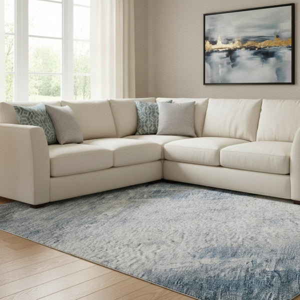 HomeRoots 8' X 10' Contemporary Blue, Ivory & Gray Abstract Washable Area Rug with Stain Resistance & UV Guard 684170