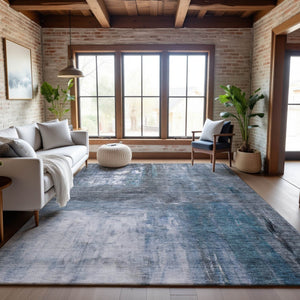 HomeRoots 9' X 12' Abstract Washable Area Rug in Blue, Ivory & Gray - UV Resistant, Durable & Easy Clean Design 684171