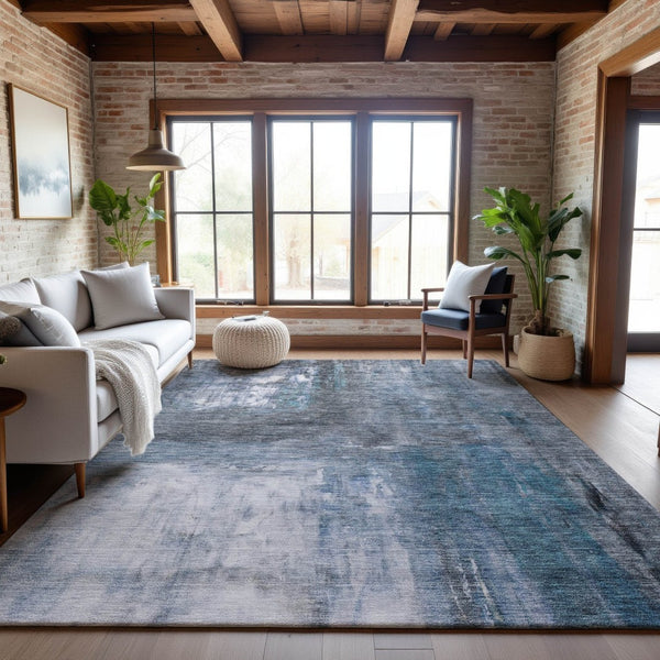 HomeRoots 9' X 12' Abstract Washable Area Rug in Blue, Ivory & Gray - UV Resistant, Durable & Easy Clean Design 684171