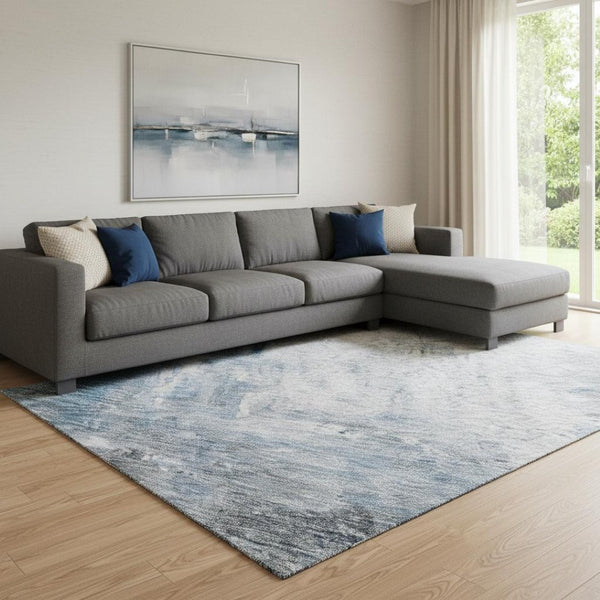 HomeRoots 10' Blue Ivory and Gray Abstract Washable Area Rug with UV Protection - Perfect for Family Rooms! 684172