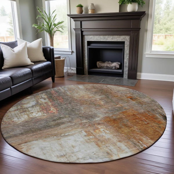 HomeRoots 8' Copper Gray and Ivory Abstract Round Rug - Washable, UV-Protected, Family-Friendly Design for Home 684175