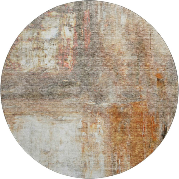 HomeRoots 8' Copper Gray and Ivory Abstract Round Rug - Washable, UV-Protected, Family-Friendly Design for Home 684175
