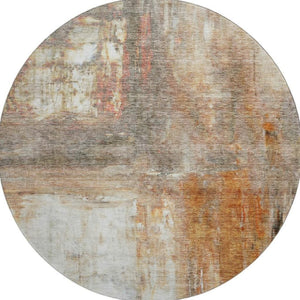 HomeRoots 8' Copper Gray and Ivory Abstract Round Rug - Washable, UV-Protected, Family-Friendly Design for Home 684175