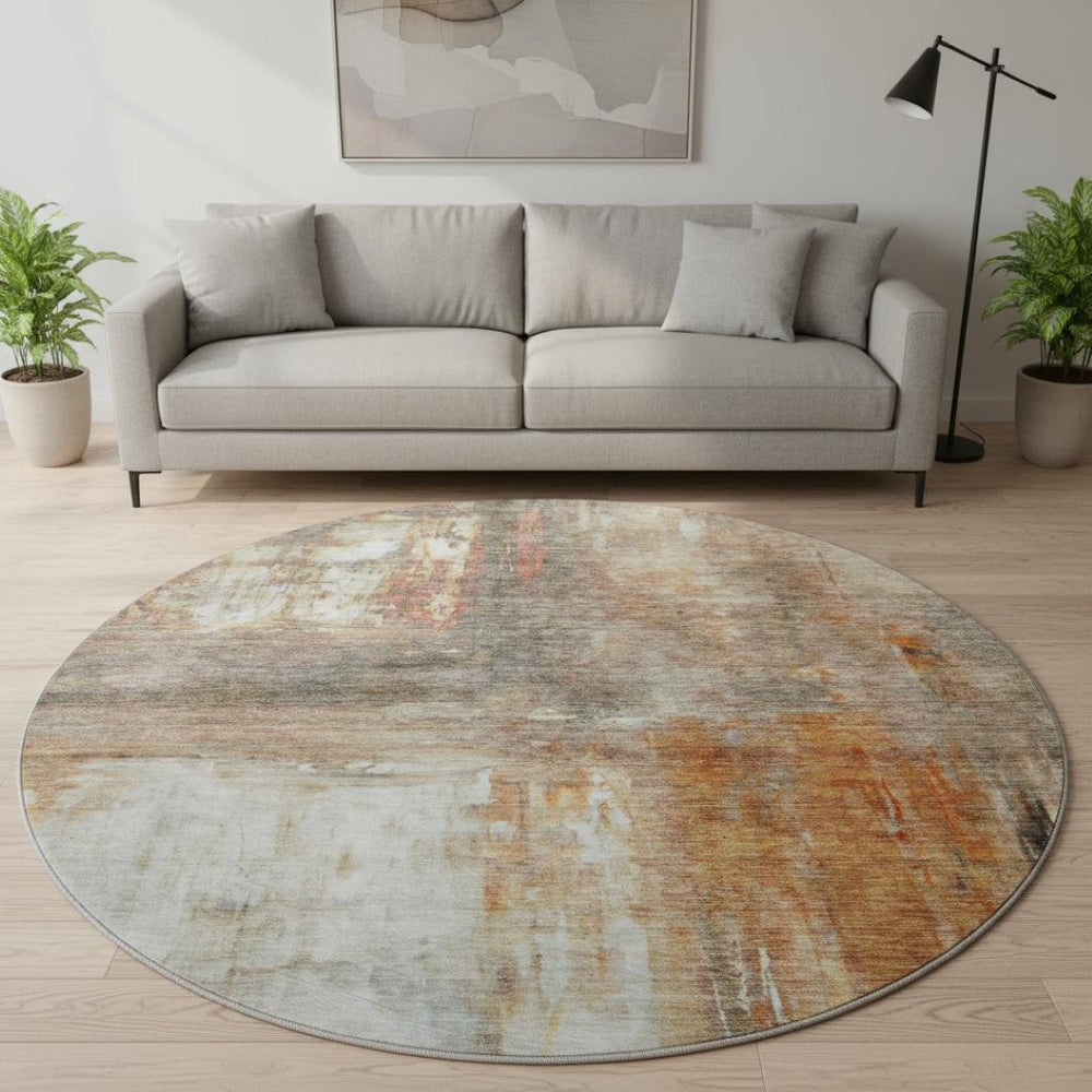 HomeRoots 8' Copper Gray and Ivory Abstract Round Rug - Washable, UV-Protected, Family-Friendly Design for Home 684175