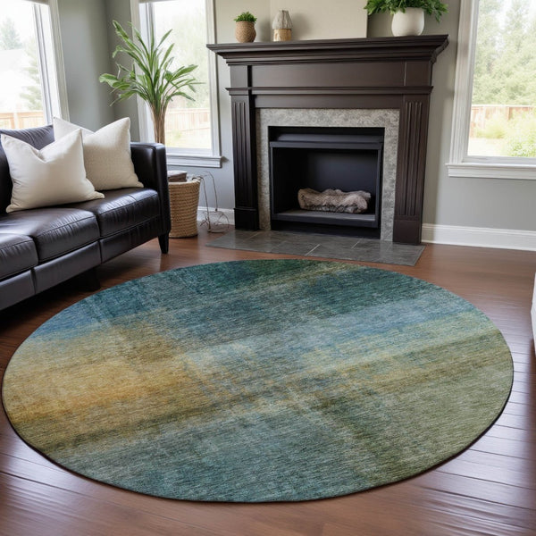 HomeRoots 8' Blue and Brown Abstract Washable Round Rug - Durable, Stain Resistant, UV Protected for Modern Spaces 684187