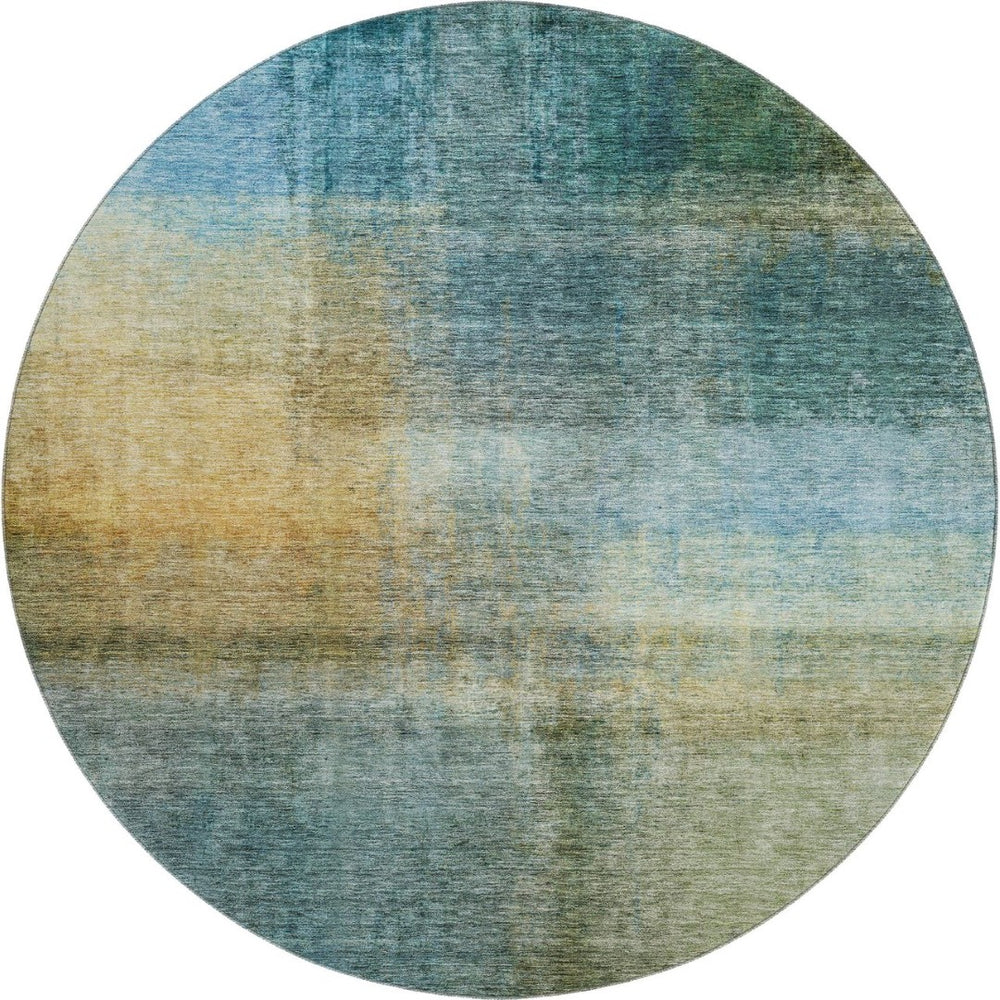 HomeRoots 8' Blue and Brown Abstract Washable Round Rug - Durable, Stain Resistant, UV Protected for Modern Spaces 684187