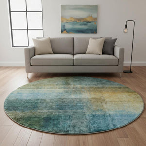 HomeRoots 8' Blue and Brown Abstract Washable Round Rug - Durable, Stain Resistant, UV Protected for Modern Spaces 684187