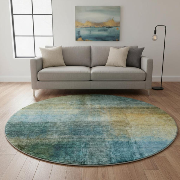 HomeRoots 8' Blue and Brown Abstract Washable Round Rug - Durable, Stain Resistant, UV Protected for Modern Spaces 684187