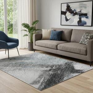 HomeRoots 5' X 8' Stylish Blue Charcoal Ivory Abstract Area Rug - Washable, UV Protected & Durable Design 684198