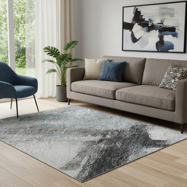HomeRoots 5' X 8' Stylish Blue Charcoal Ivory Abstract Area Rug - Washable, UV Protected & Durable Design 684198