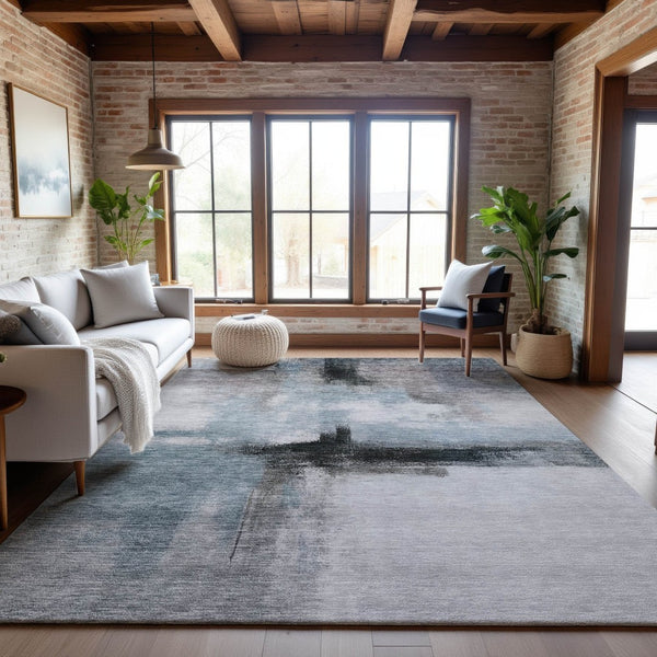 HomeRoots 5' X 8' Stylish Blue Charcoal Ivory Abstract Area Rug - Washable, UV Protected & Durable Design 684198