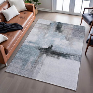 HomeRoots 5' X 8' Stylish Blue Charcoal Ivory Abstract Area Rug - Washable, UV Protected & Durable Design 684198
