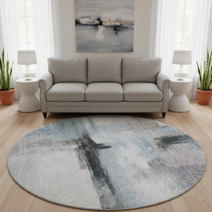 HomeRoots 8' Modern Abstract Round Rug in Blue, Charcoal & Ivory - Washable, UV Protected & Stain Resistant! 684199