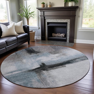 HomeRoots 8' Modern Abstract Round Rug in Blue, Charcoal & Ivory - Washable, UV Protected & Stain Resistant! 684199