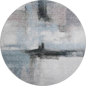 HomeRoots 8' Modern Abstract Round Rug in Blue, Charcoal & Ivory - Washable, UV Protected & Stain Resistant! 684199