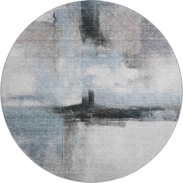 HomeRoots 8' Modern Abstract Round Rug in Blue, Charcoal & Ivory - Washable, UV Protected & Stain Resistant! 684199