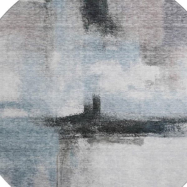 HomeRoots 8' Modern Abstract Round Rug in Blue, Charcoal & Ivory - Washable, UV Protected & Stain Resistant! 684199