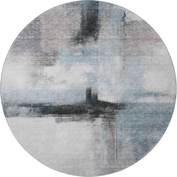 HomeRoots 8' Modern Abstract Round Rug in Blue, Charcoal & Ivory - Washable, UV Protected & Stain Resistant! 684199
