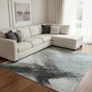 HomeRoots 10' Washable Blue Charcoal & Ivory Area Rug – Stain Resistant, UV Protected, Perfect for Family Rooms! 684202
