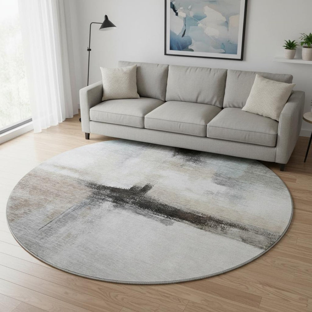 HomeRoots 8' Coffee Charcoal and Ivory Abstract Round Rug - Washable, UV-Protected, Modern Design for Homes 684205